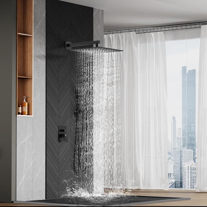 SR SUN RISE Matte Black Square Rainfall Shower Head and Handle Set, Wall - Image 9
