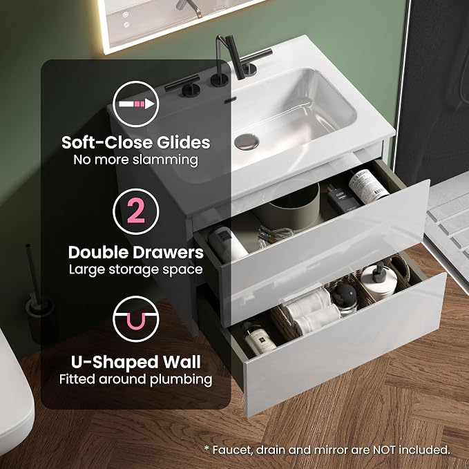 24" Bathroom Vanity with Sink, Modern Floating Vanity with Double Soft Closing - Image 6