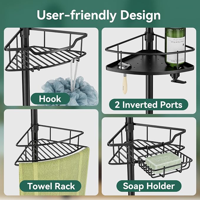 Corner Shower Caddy Tension Pole, 4 Tier Rustproof Shower Tension Rod Organizer - Image 7