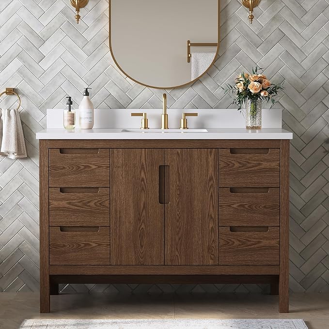 48 Inch Bathroom Vanity with Sink, Solid Wood Bathroom Cabinet with Soft by DELUXELIVING