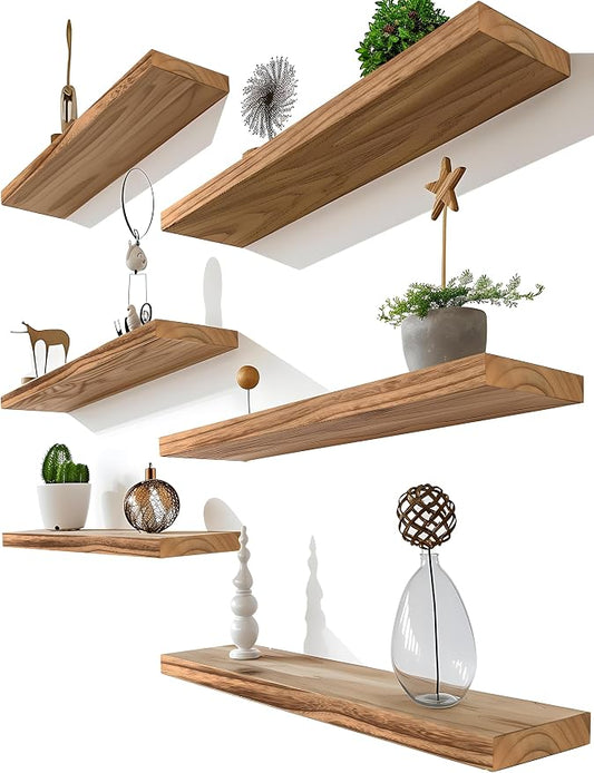 Light Wood Floating Shelves for Wall Rustic Wall Shelves for Bedroom Set of 6 by Unknown
