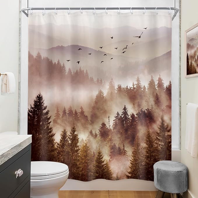 Riyidecor Foggy Mountain Shower Curtain 60Wx72H Inch Abstract Woodland Misty - Image 4