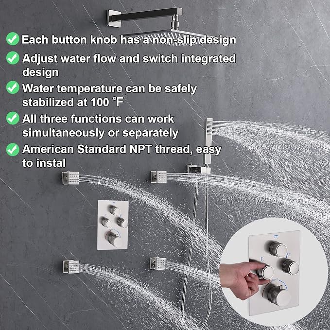 Modern Push Button 3 Way Thermostatic Shower Valve, Concealed 3 Outlet Multi - Image 3