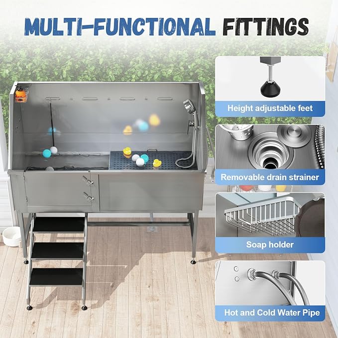 Albott 60 Inch Stainless Steel Dog Washing Station, Professional Pet Bathtub - Image 7