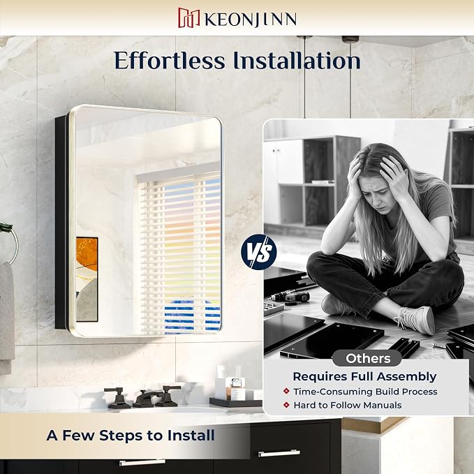 Keonjinn 24 x 32 Inch Brushed Nickel Mirrored Medicine Cabinet, Recessed - Image 9