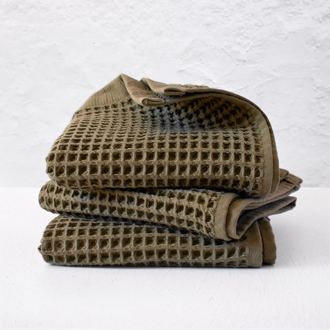 PÜSKÜL Organic Waffle Kitchen Towel 100% Turkish Cotton Set of 3 Khakie Green - Image 9