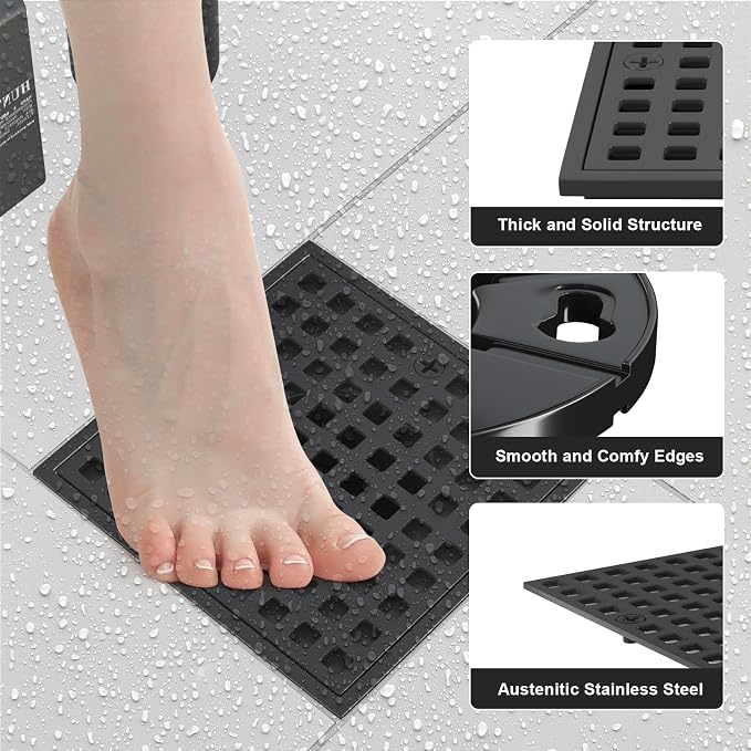 4 Inch Square Shower Floor Drain, Matte Black 304 Stainless Steel Shower Floor - Image 2