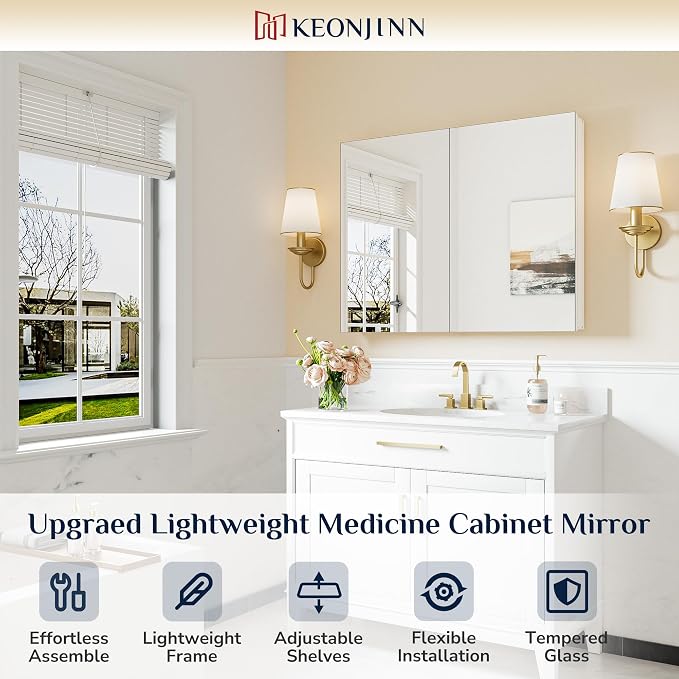 Keonjinn 40 x 32 Inch Large Medicine Cabinet Mirror, Assembly Required - Image 9