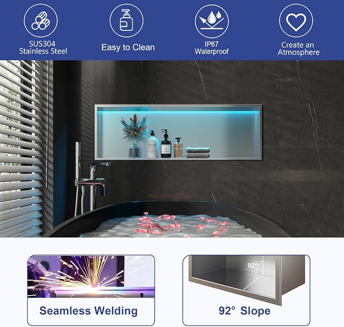 36X12 RGB Shower Niche, Brushed Nickel Stainless Steel LED Wall Niche, No Tile - Image 5