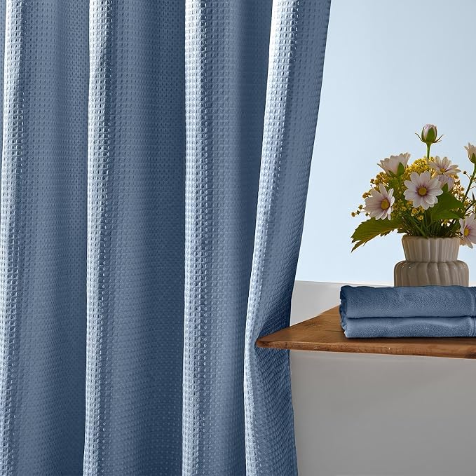 River Dream Blue Shower Curtain No Hooks Required Dotted Waffle Weave Shower - Image 8