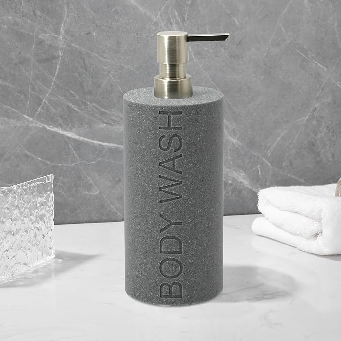 Resin Neutral Gray Sandstone Body Wash Engraved Bottle Refillable Pump Dispenser - Image 6