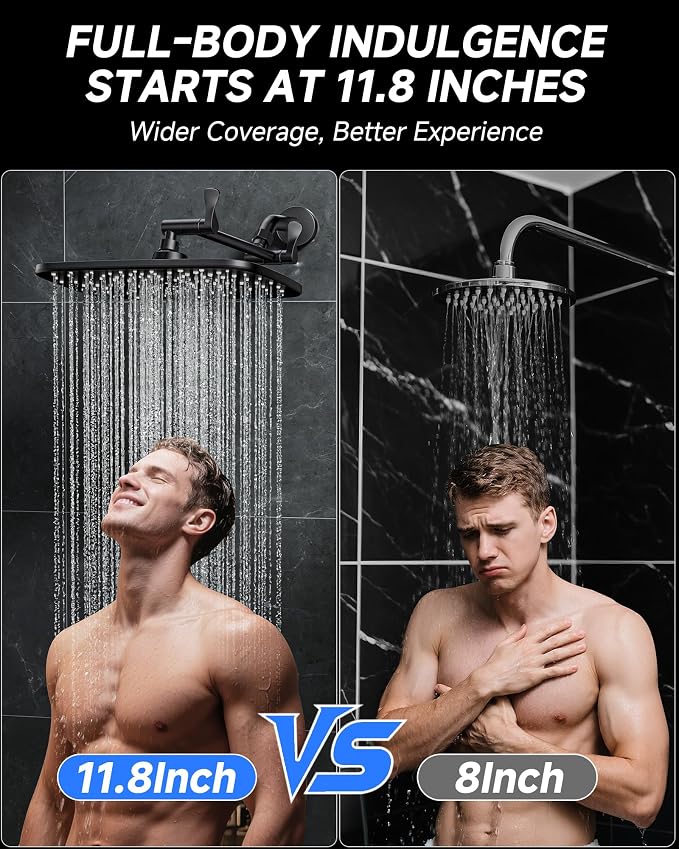 Veken 11.8" Black Rain Shower Head, Rectangular Rainfall Showerheads - Image 2