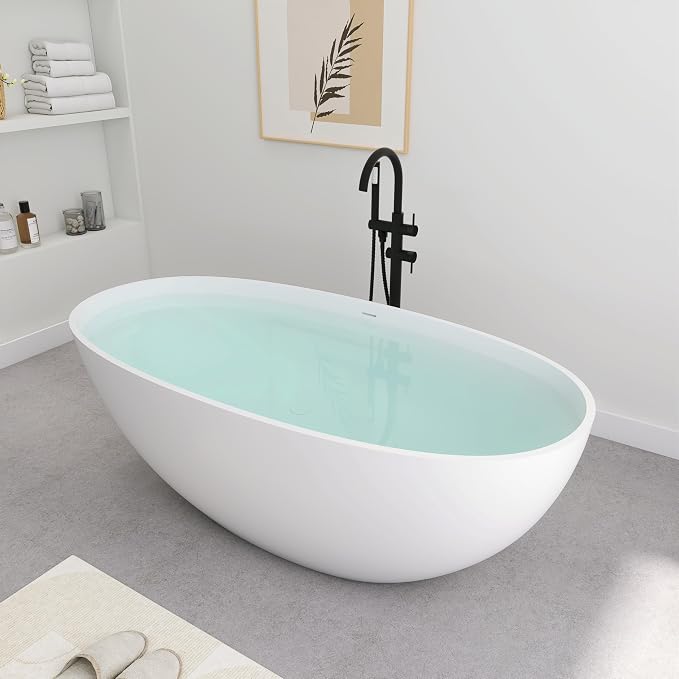 SJ STAR&JANE 61" Solid Surface Freestanding Bathtub, Oval Soaking Tub - Image 3
