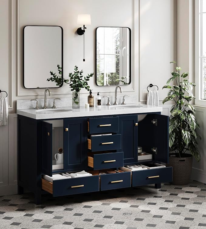ARIEL Cambridge 60 Inch Midnight Blue Bathroom Vanity Double Sink, Solid Wood - Image 5