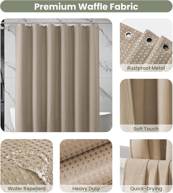 Inhousolu Fabric Shower Curtain Waffle Weave, 230 GSM Heavy Duty, Weighted Hem - Image 3