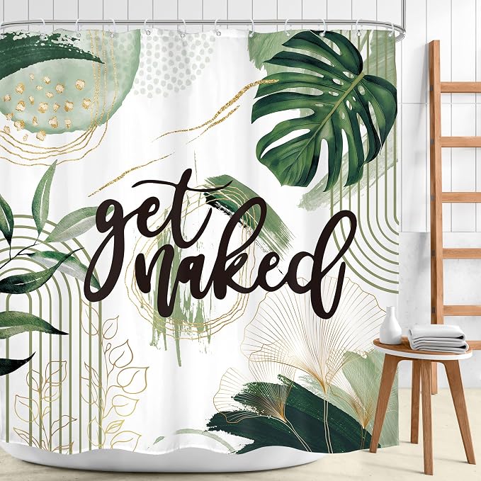 Green Boho Shower Curtain 72Wx72H Sage Green Golden Get Naked Abstract - Image 2