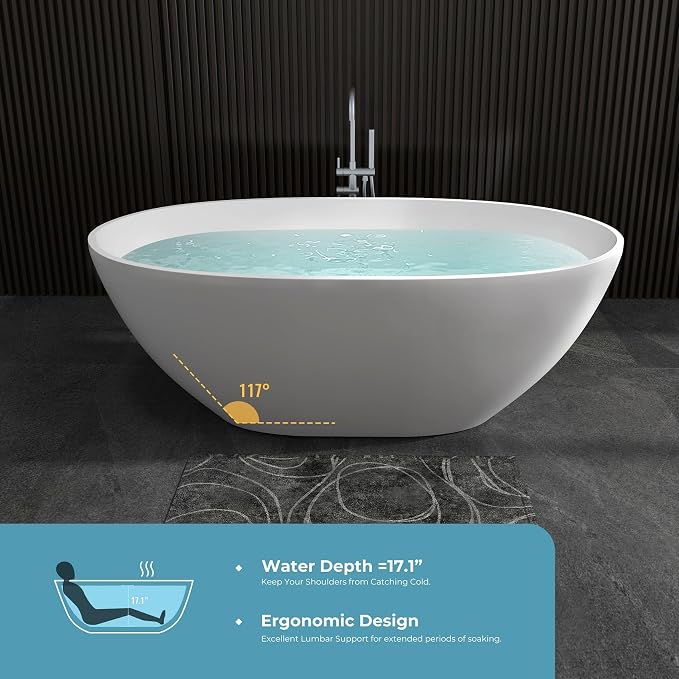 Upgraded 61" Solid Surface Freestanding Bathtub, Oval Stone Resin Tub - Image 7