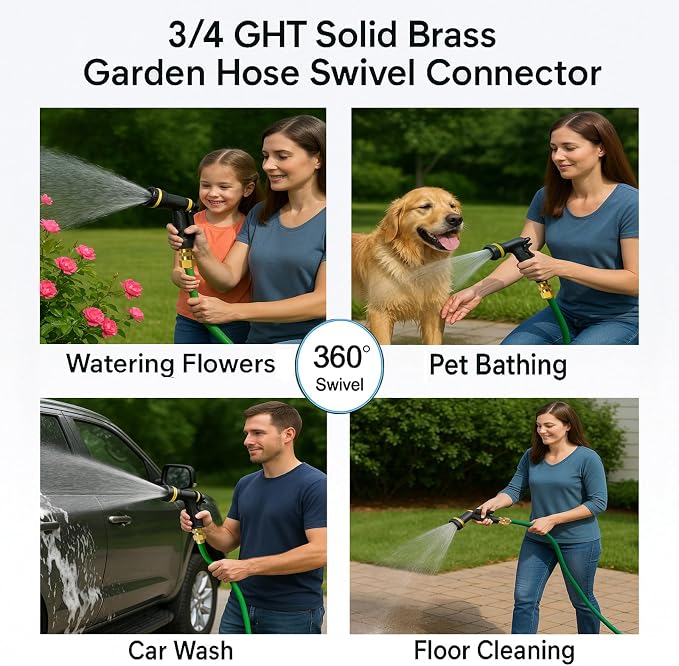 Garden Hose Swivel Connector, 3/4" GHT Brass Swivel Hose Connector, 360° Male - Image 3