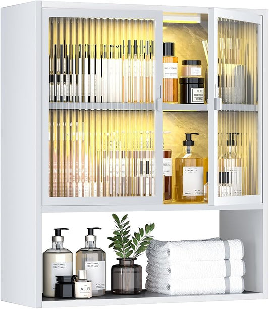 Metal Wall Cabinet with Glass Doors & LED Lights, Small Wall Mounted Medicine by YILFANA