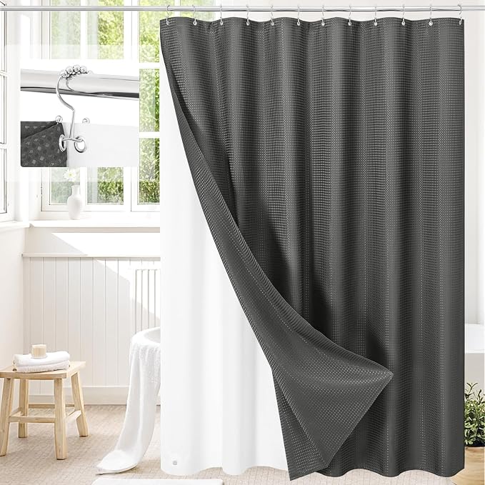 3 in 1 Long Charcoal Grey Shower Curtain Set-72 W x 78 H, Modern Waffle and by Unknown