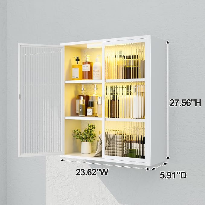 Bathroom Medicine Cabinet with Glass Doors & Sensor LED Lights, Over Toilet - Image 3