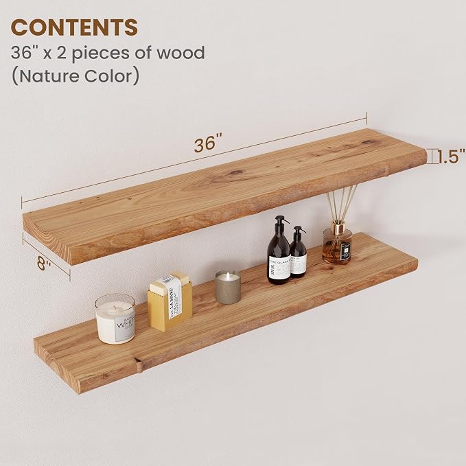 Floating Shelves for Wall Decor, Rustic Solid Elm Wood Live Edge Floating - Image 2