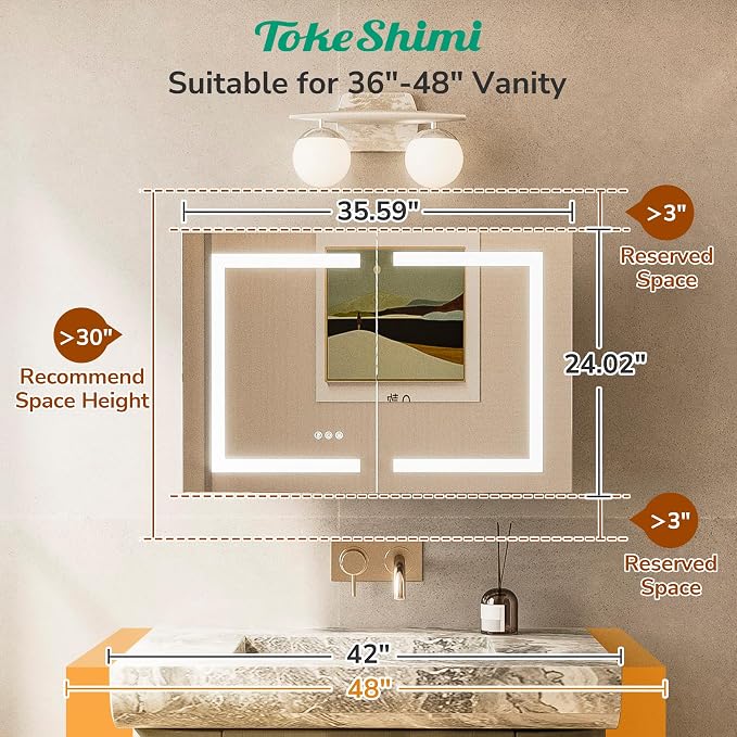 TokeShimi 36x24 Lighted Medicine Cabinet Mirror - Image 3