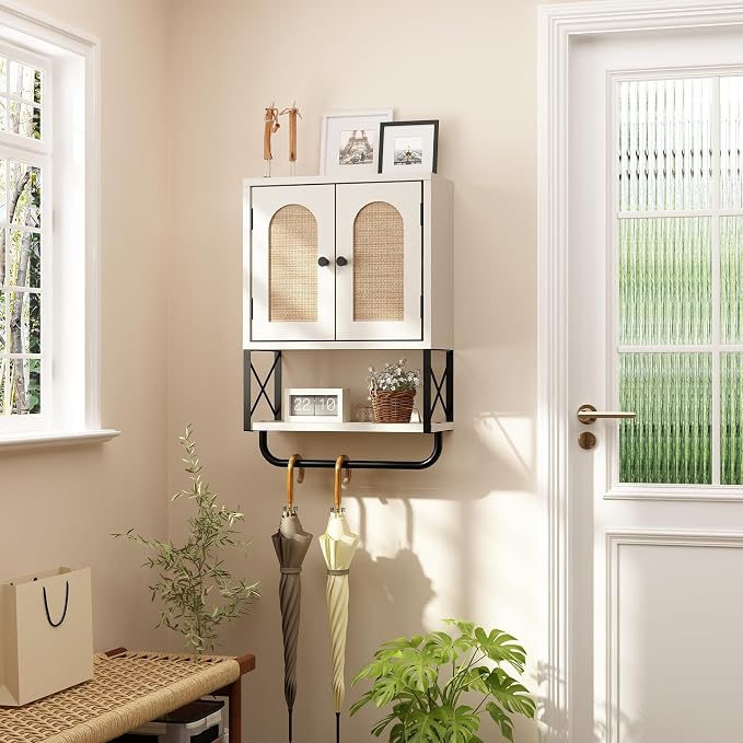 RUSTOWN Rattan Bathroom Wall Cabinet, Boho Over The Toilet Storage Cabinet - Image 5