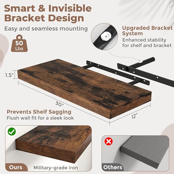 30 Inch Floating Shelves for Wall 2 Pack, Easy Install Engineered Wood Storage - Image 3