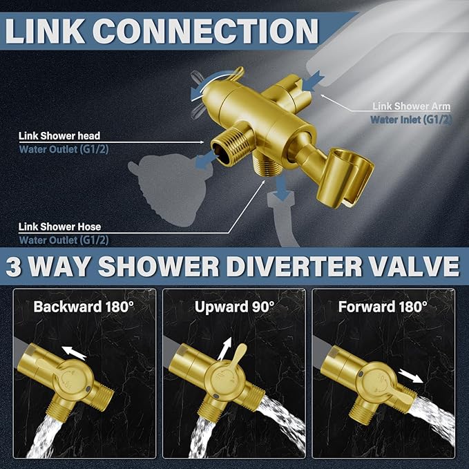 Metal Shower Arm Diverter with Handheld Mount, G1/2" 3-Way Shower Diverter - Image 2