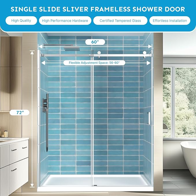 56-60"Wx72"H Frameless Reversible Single Sliding Shower Door, 1/4" Clear SGCC - Image 2
