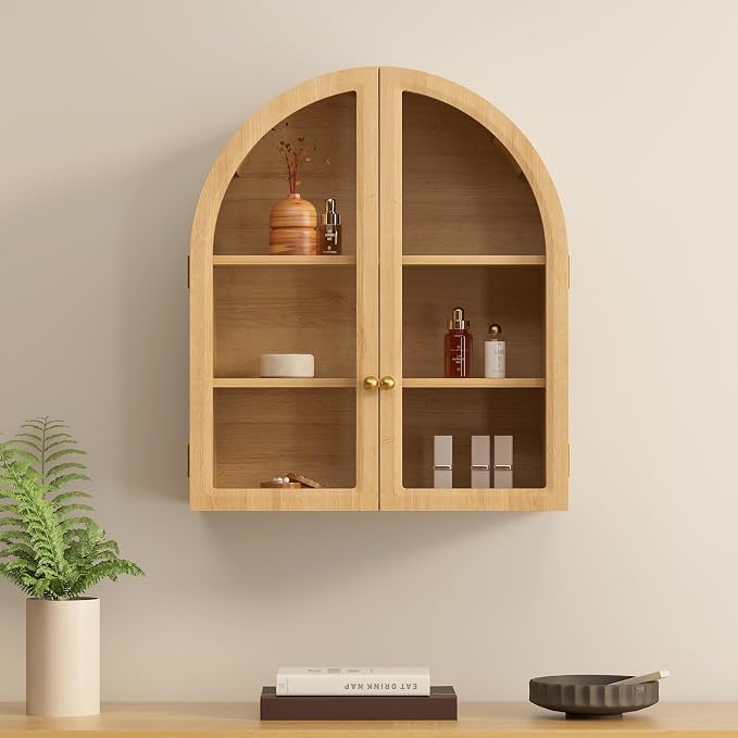 Small Arched Bathroom Wall Cabinet Modern Wooden Medicine Cabinet - Image 6