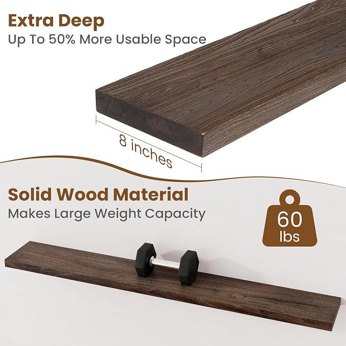 Floating Shelves for Wall Decor, 8 Inch Deep Rustic Solid Elm Wood Floating - Image 5