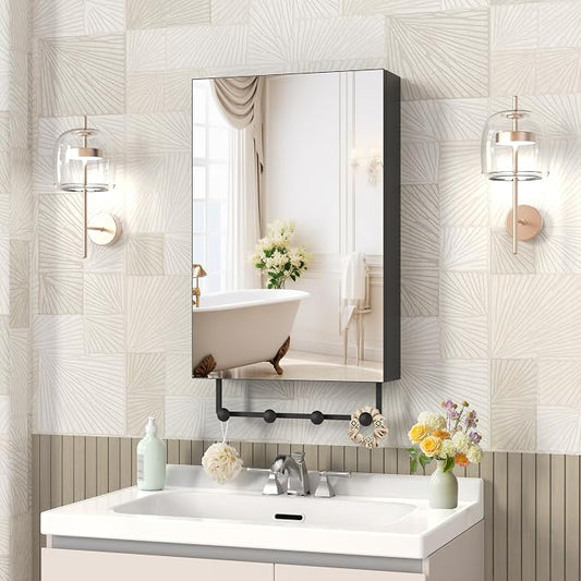 ANYHI 24"x16" Black Bathroom Mirror Medicine Cabinet, Single Door Bathroom Wall by ANYHI