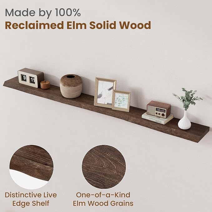 Floating Shelves for Wall Decor, Rustic Solid Elm Wood Live Edge Floating - Image 3