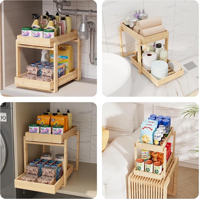 Bamboo Wood Under Sink Organizer 2 Pack, Pull Out Cabinet Organizer 2 Tier - Image 5