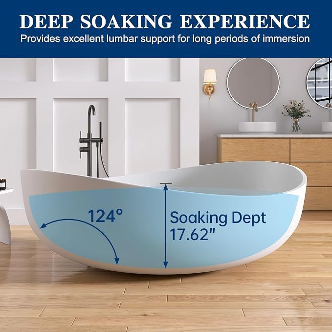 Stone Resin Freestanding Bathtub 71", Elegant Oval Shape Soaking Tub, Solid - Image 4