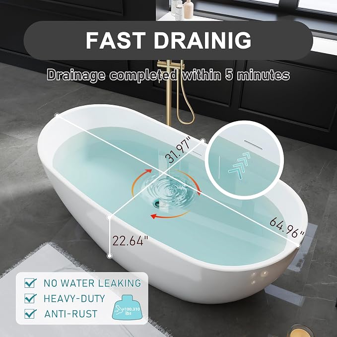 65" Acrylic Freestanding Bathtubs, Stand Alone Tub, Soaking Tubs - Image 3