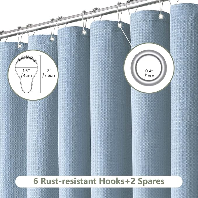 Inhousolu Fabric Shower Curtain Waffle Weave, Fog Blue 230 GSM Heavy Duty - Image 2