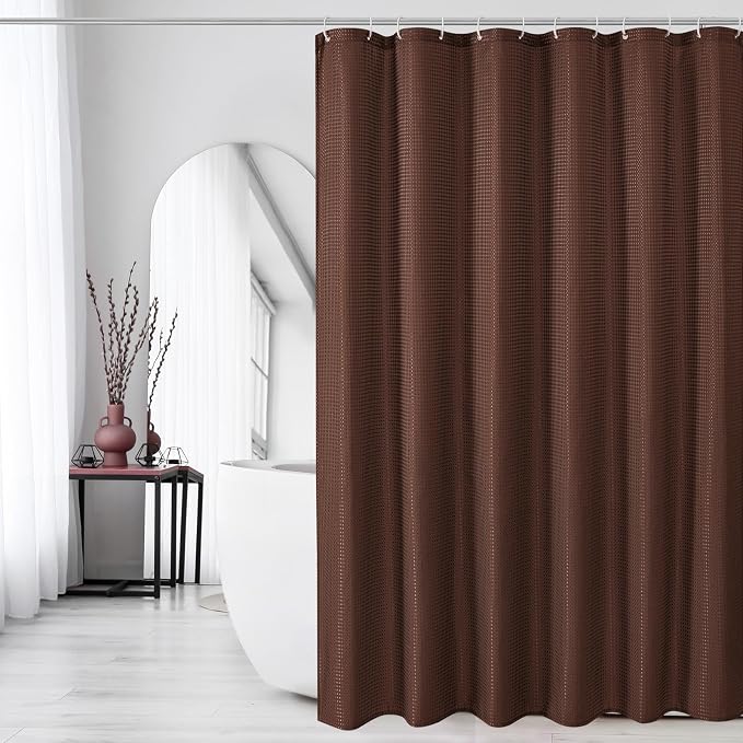 Gibelle Brown Shower Curtain, Waffle Weave Textured Fabric Shower Curtain - Image 6
