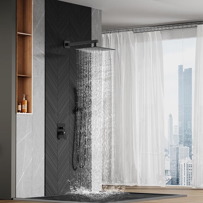 SR SUN RISE Black Square Rainfall Shower Head and Handle Set, Wall Mounted - Image 8