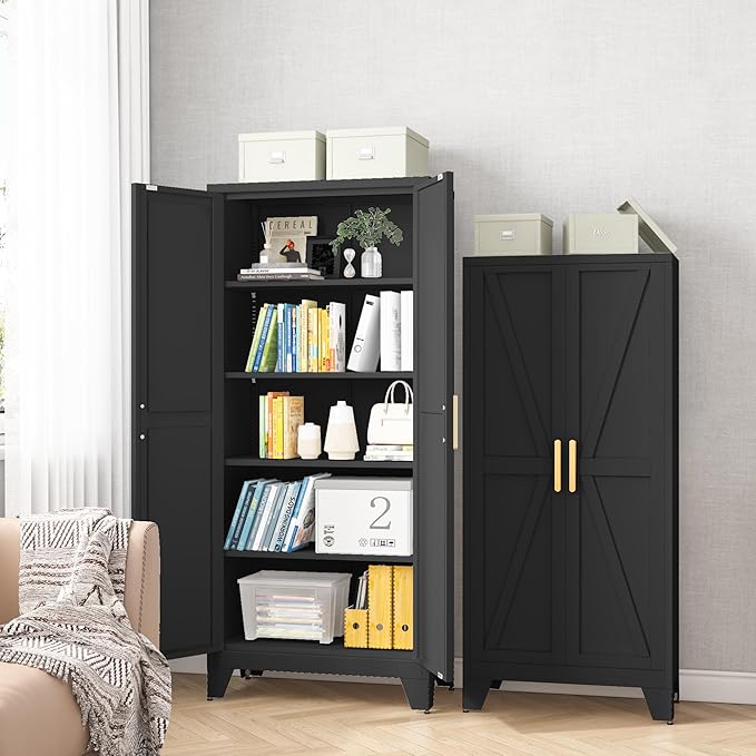 61H Metal Storage Cabinet with 2 Doors and Adjustable Shelves, Farmhouse - Image 6
