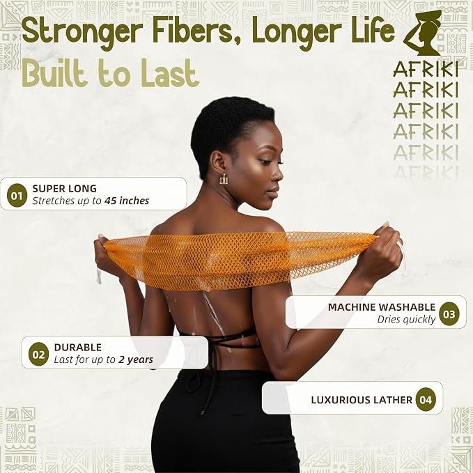 AFRIKI African Net Sponge – Exfoliating Body Scrubber, All Skin Types | 45 in - Image 3