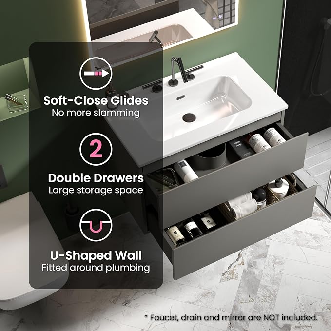 30" Bathroom Vanity with Sink, Modern Floating Vanity with Double Soft Closing - Image 5