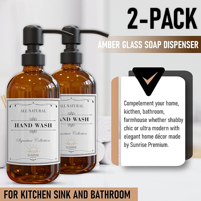 2 Pack Amber Glass Soap Dispenser 16 OZ - Image 4
