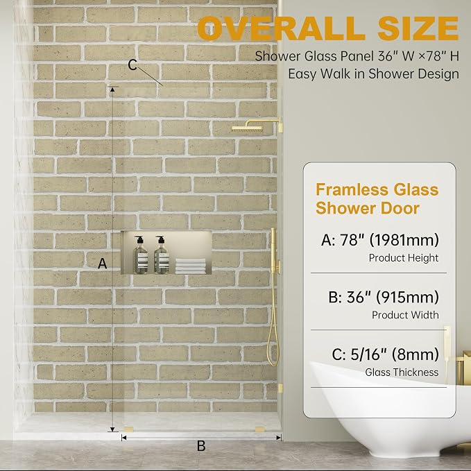 Frameless Fixed Shower Screen 36" W × 78" H, Shower Glass Panel, 5/16" SGCC - Image 6