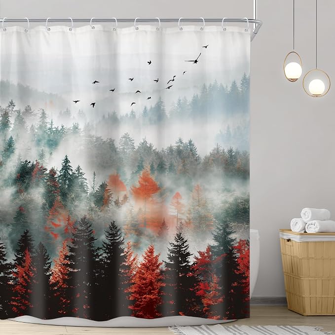 Riyidecor Red Green Mountain Shower Curtain 60Wx72H Inch Black Nature Woodland - Image 2