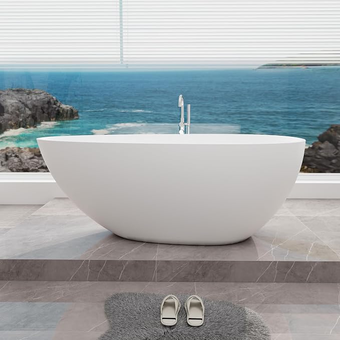 Premium 59" Solid Surface Freestanding Bathtub, Upgraded Oval Stone Resin Egg - Image 2