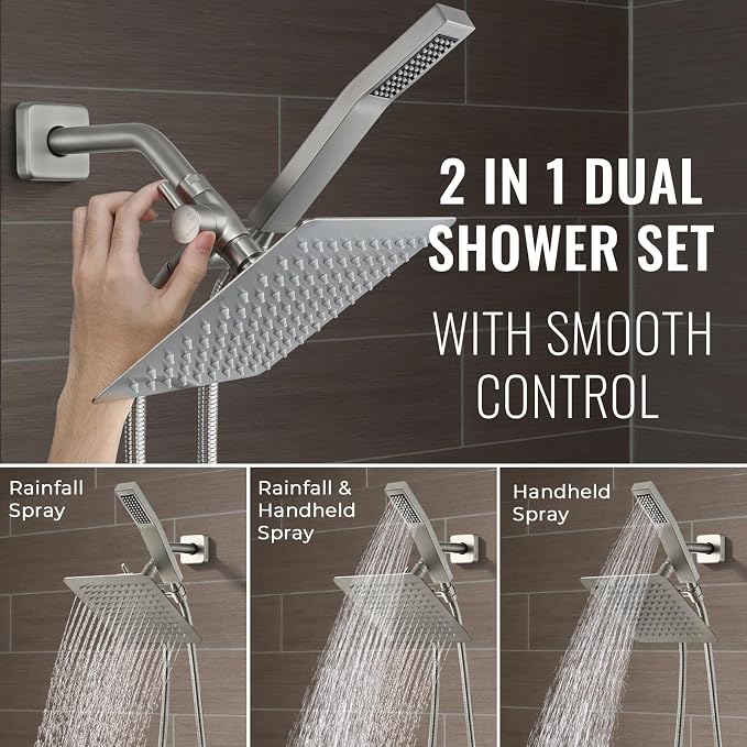 All Metal Shower Faucet Set, Dual Square Shower Head System - Image 5