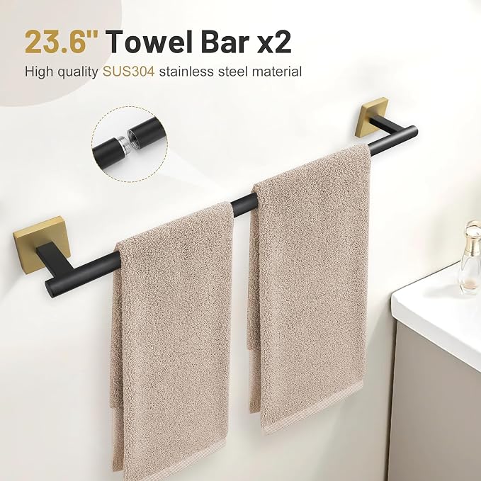 10 Pieces Black Gold Towel Bar Set, 23.6 Inch Bathroom Accessories Set SUS304 - Image 2